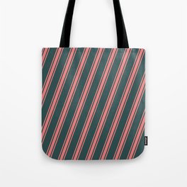 [ Thumbnail: Dark Slate Gray & Light Coral Colored Stripes Pattern Tote Bag ]