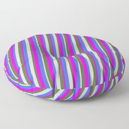 [ Thumbnail: Royal Blue, Light Grey, Dark Olive Green, and Fuchsia Colored Stripes Pattern Floor Pillow ]