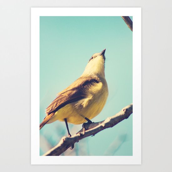 He goes skywards (Retro bird in tree branches and pale turquoise sky) Art Print