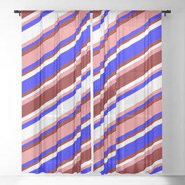 [ Thumbnail: Light Coral, Blue, Maroon, and White Colored Stripes Pattern Sheer Curtain ]