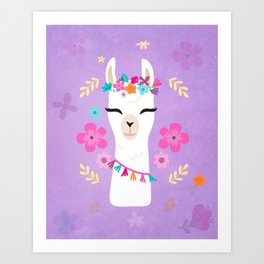 Cute Happy Llama - Purple Boho Alpaca with Flowers Art Print