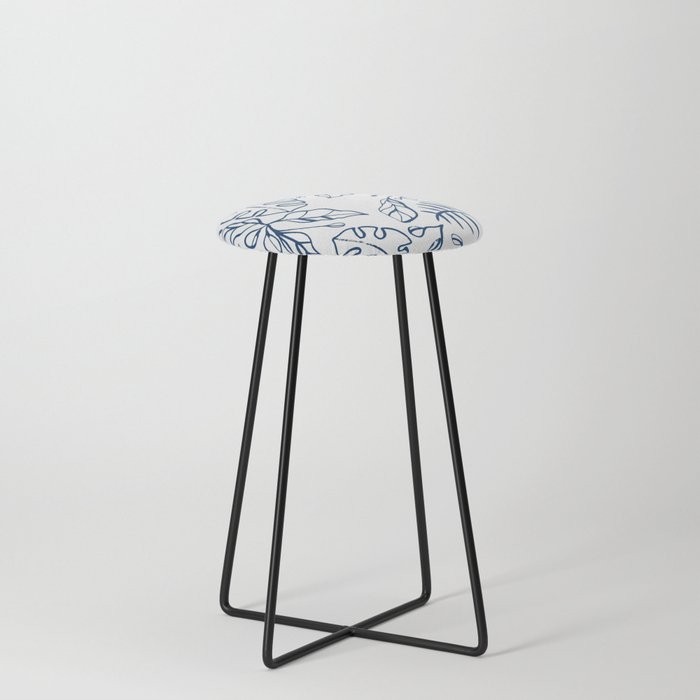 Tropical Plant Boho Chinoiserie Blue and White Counter Stool