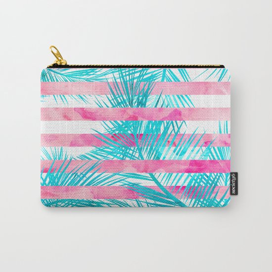 Modern pink turquoise tropical palm tree watercolor stripes pattern Carry-All Pouch