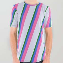 [ Thumbnail: Lavender, Green, Royal Blue & Hot Pink Colored Pattern of Stripes All Over Graphic Tee ]