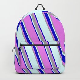 [ Thumbnail: Light Cyan, Blue, Violet, and Dark Grey Colored Lines/Stripes Pattern Backpack ]