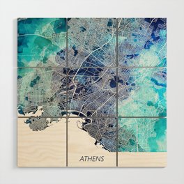 Athens Greece Map Navy Blue Turquoise Watercolor Wood Wall Art