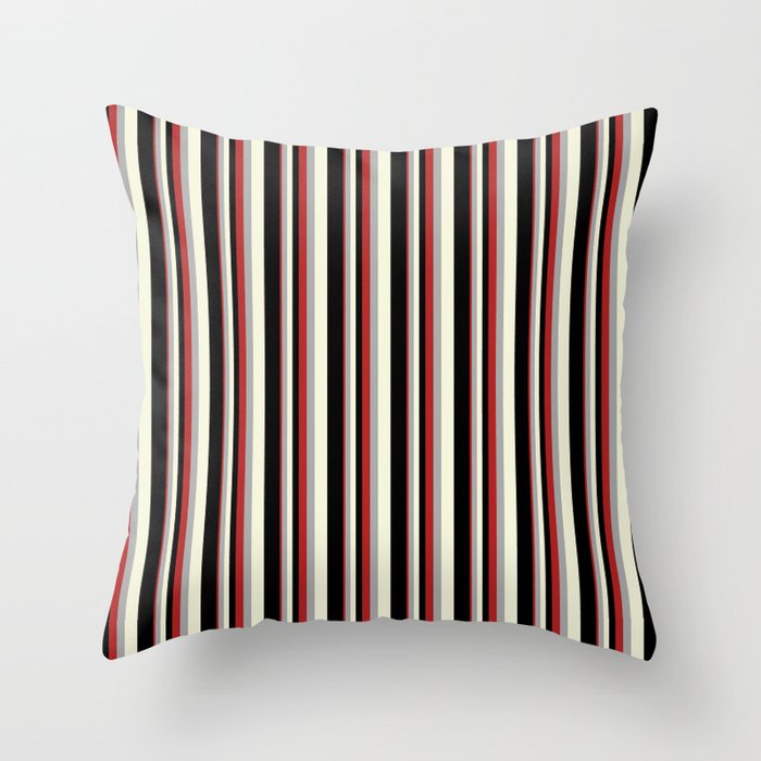 Red, Dark Gray, Beige & Black Colored Lines/Stripes Pattern Throw Pillow
