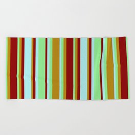 [ Thumbnail: Light Green, Dark Goldenrod, Dark Red, and Turquoise Colored Lines/Stripes Pattern Beach Towel ]