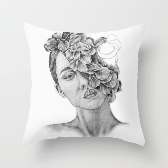 Art - Pencil drawing - Illustration - portrait - model -Flowers - Gift -  wall decor Throw Pillow by Kathryn Yates
