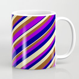 [ Thumbnail: Pale Goldenrod, Brown, Dark Violet & Blue Colored Lined Pattern Coffee Mug ]