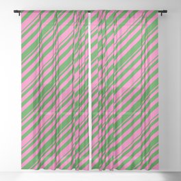 [ Thumbnail: Hot Pink and Forest Green Colored Stripes Pattern Sheer Curtain ]