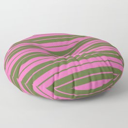 [ Thumbnail: Hot Pink and Dark Olive Green Colored Lined Pattern Floor Pillow ]