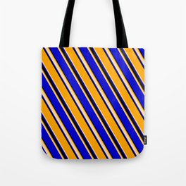 [ Thumbnail: Orange, Tan, Blue, and Black Colored Striped Pattern Tote Bag ]