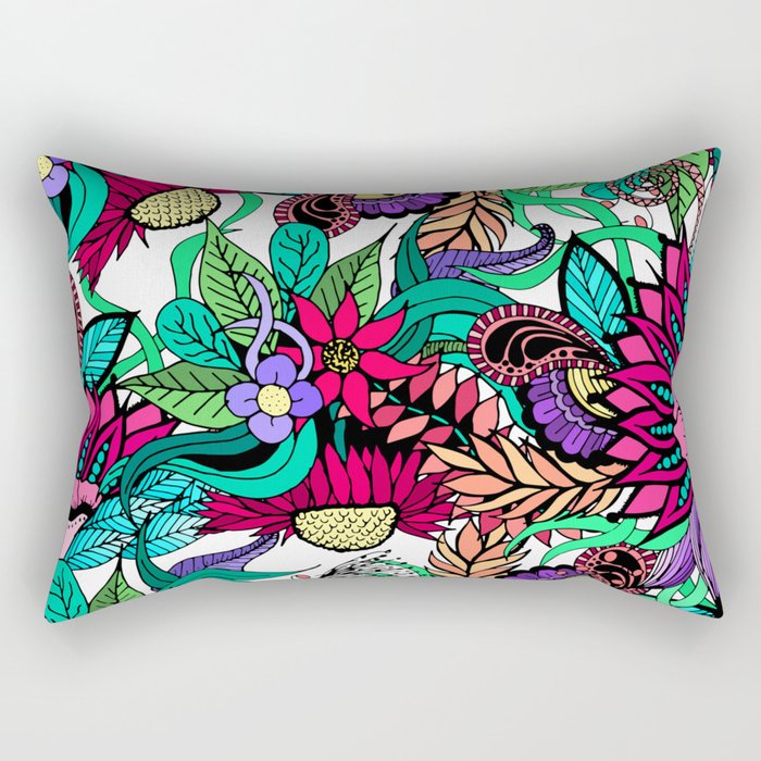 Girly Vibrant Flower Garden Illustrated Drawings Rectangular Pillow