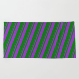 [ Thumbnail: Dark Orchid & Green Colored Lined/Striped Pattern Beach Towel ]