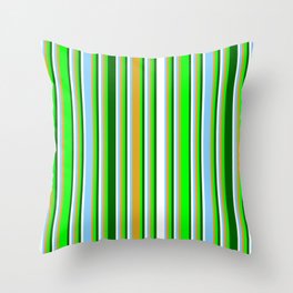 [ Thumbnail: Eyecatching Lime, Goldenrod, Light Sky Blue, White, and Dark Green Colored Pattern of Stripes Throw Pillow ]