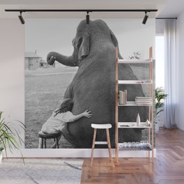 Odd Best Friends, Sweet Little Girl hugging elephant black and white photograph Wall Mural