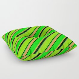 [ Thumbnail: Lime, Coral, Green, and Black Colored Lined Pattern Floor Pillow ]