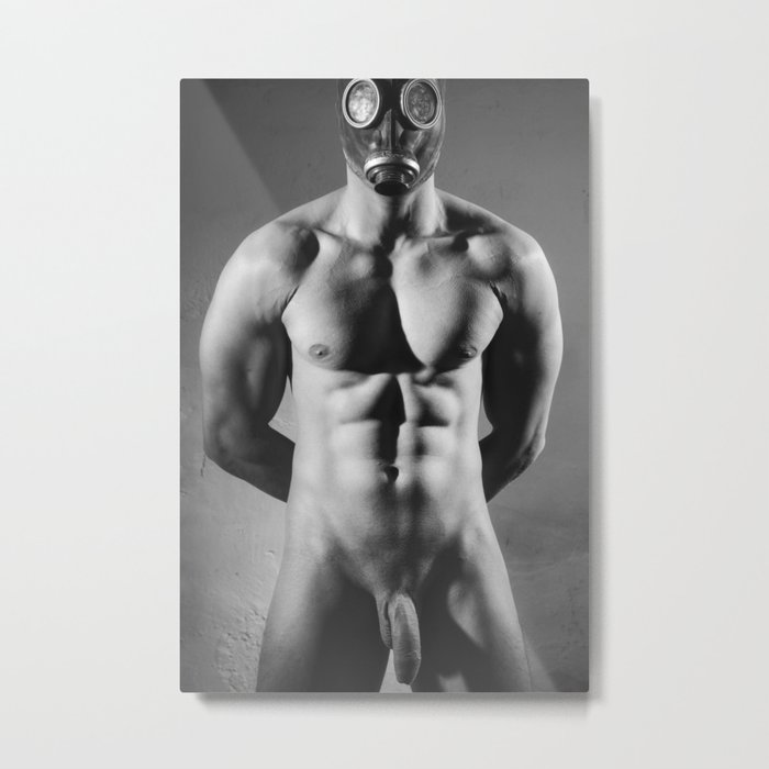 Photograph Erotic style with Nude muscular man wearing a gasmask #E0026 Metal Print