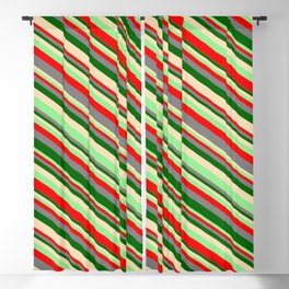 [ Thumbnail: Eyecatching Light Green, Red, Gray, Dark Green, and Tan Colored Lined/Striped Pattern Blackout Curtain ]