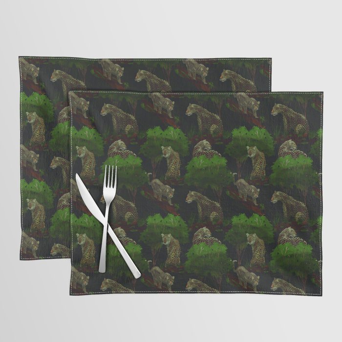 seamless pattern with brown leopards among tropical vegetation Placemat
