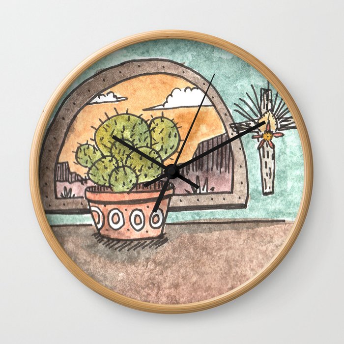 New Mexico Sunset With Cactus & Cross Wall Clock
