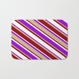[ Thumbnail: White, Dark Violet, Tan & Dark Red Colored Lined Pattern Bath Mat ]