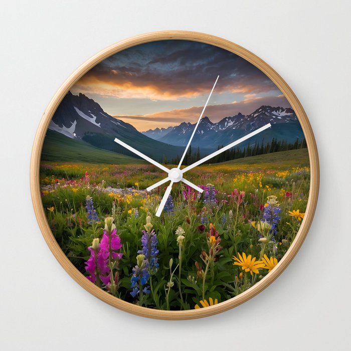 Field of Wildflowers and Mountains Wall Clock