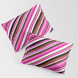 [ Thumbnail: Vibrant Brown, Violet, Deep Pink, White, and Black Colored Striped Pattern Pillow Sham ]