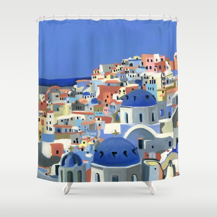 Santorini Greece Oil Painting Shower, Oil Painting Shower Curtain