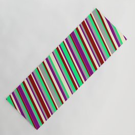 [ Thumbnail: Colorful Dark Gray, Green, Dark Red, Light Yellow, and Purple Colored Lined/Striped Pattern Yoga Mat ]