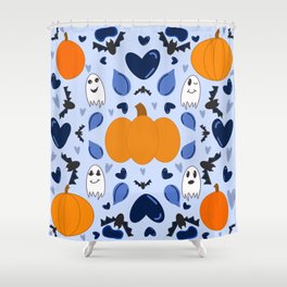 Ghost & Pumpkins on Blue Shower Curtain