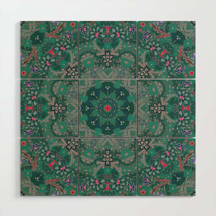 Green Moroccan Flowers Antique Wood Wall Art