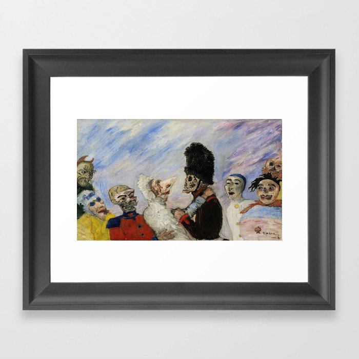 The beautiful wedding couple, a-hem, cough, cough; squelette arrêtant masques grotesque art portrait painting masks and ugly skeletons by James Ensor Framed Art Print