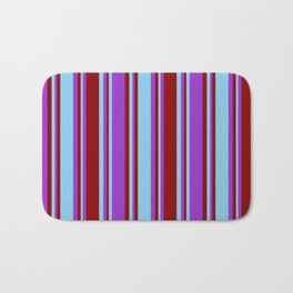 [ Thumbnail: Sky Blue, Dark Orchid, and Dark Red Colored Pattern of Stripes Bath Mat ]
