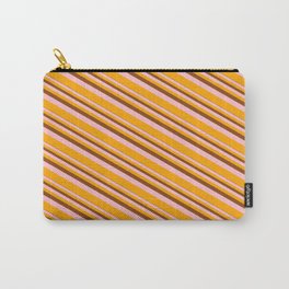 [ Thumbnail: Brown, Pink & Orange Colored Lined/Striped Pattern Carry-All Pouch ]