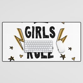 Girls rule the world - funny feminism humor sayings typography illustration with thunder and star Desk Mat