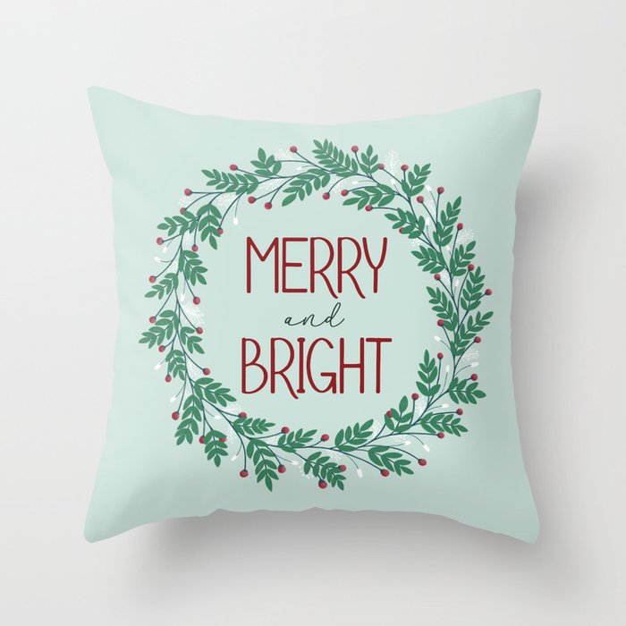 Merry and Bright Wreath Throw Pillow