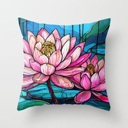 Pink lotus water lily stained glass art 1 Throw Pillow