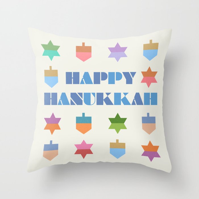 Happy Hanukkah | Dreidels & Star Pattern Throw Pillow