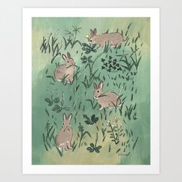 Rabbits picking and eating their favorite grass Art Print