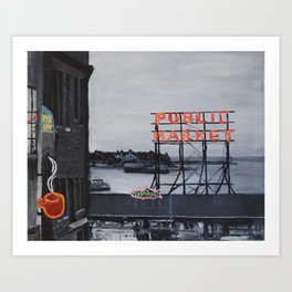 Pike Place Market - Black & White & Neon -Seattle Washginton Art Print