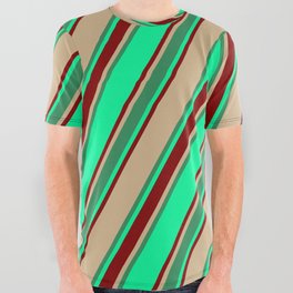 [ Thumbnail: Green, Maroon, Tan & Sea Green Colored Lined/Striped Pattern All Over Graphic Tee ]