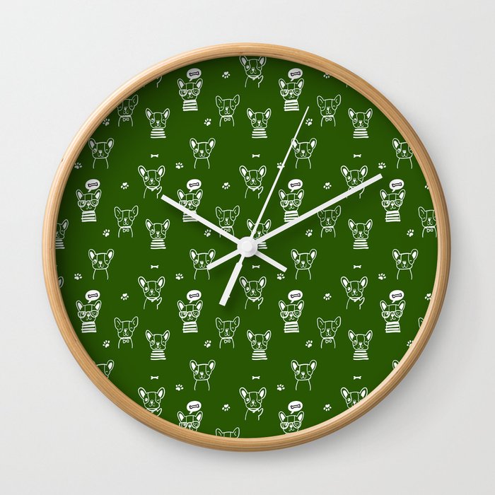 Green and White Hand Drawn Dog Puppy Pattern Wall Clock