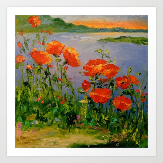 Poppies near the river Art Print