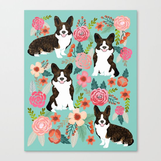 Brindle Cardigan Corgi Florals - cute corgi design, corgi owners will love this mint florals corgi Canvas Print