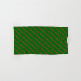 [ Thumbnail: Crimson and Dark Green Colored Lines/Stripes Pattern Hand & Bath Towel ]