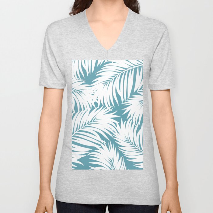 Palm Tree Fronds White on Soft Blue Hawaii Tropical Décor V Neck T Shirt
