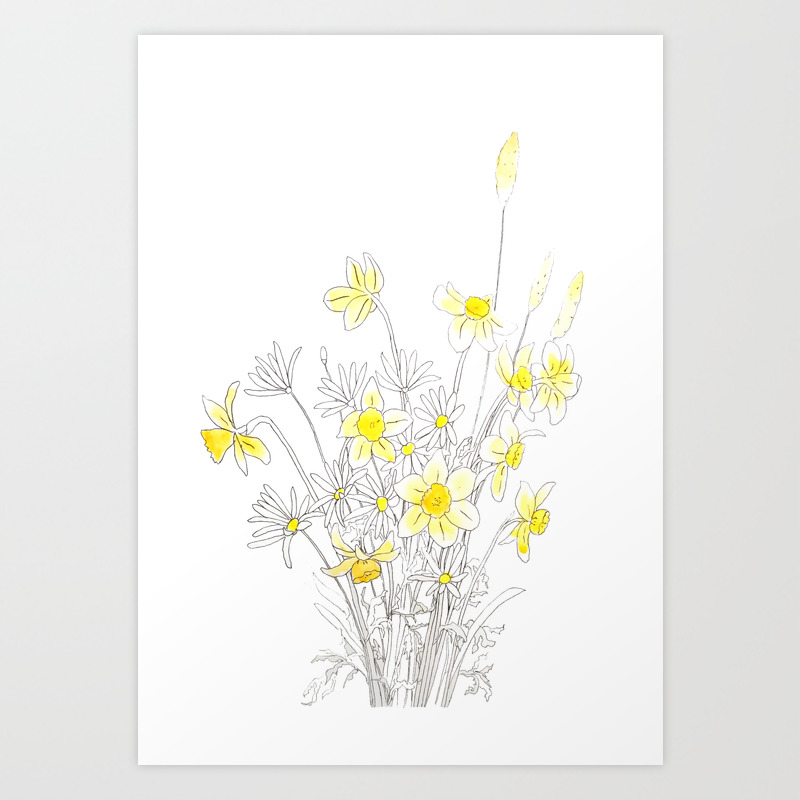 white daisy and yellow daffodils ink and watercolor art print by colorandcolor