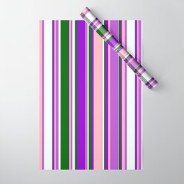 [ Thumbnail: Eyecatching Orchid, Light Pink, Dark Violet, Dark Green & Mint Cream Colored Lines/Stripes Pattern Wrapping Paper ]